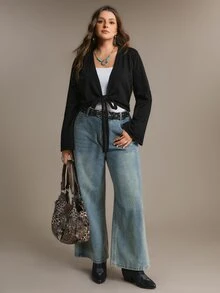 Freevana Black Tie-Front Wrap Top With Bell Sleeves, Cropped Open Cardigan, Boho Chic Layering Piece Winter - Black - View 6
