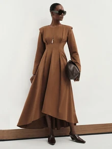 Aveloria Modichic Women's Dress Wide Shoulder Fit And Flare Structured Twill Padded Sleeve Radial Pleat Asymmetrical Hem Brown Elegant Long Fall Thanksgiving Dinner - Brown - View 7