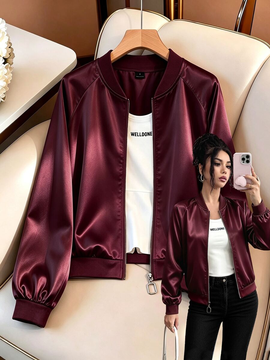 SHEIN LUNE Apricot Satin Baseball Jacket, Solid Color Without Print, Ribbed Baseball Round Neck, Long Sleeve With Ribbed Cuffs, Ribbed Elastic Hem Waistband, Light Luxury Casual Style, Minimalist Commute Style, Suitable For Daily Commuting, Leisure Shopping, Short Trips, Inner Layering And Outer Wear - Burgundy - View 1