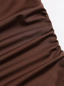 SHEIN Sweetro Spring Autumn Winter French Elegant Round Neck Asymmetric Twist Metal Decor Slimming Pleated Cocktail Cake Dress For Women - Coffee - View 7