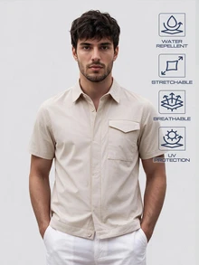 TekDrob Water Repellent And UV Protection Polyamide Utility Shirt With Single Cargo Pocket And Short Sleeves - Beige - View 1