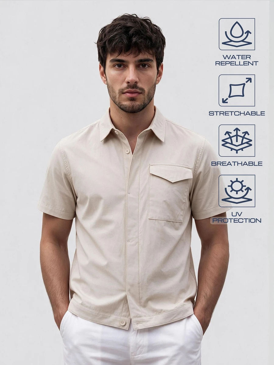 TekDrob Water Repellent And UV Protection Polyamide Utility Shirt With Single Cargo Pocket And Short Sleeves - Beige - View 1