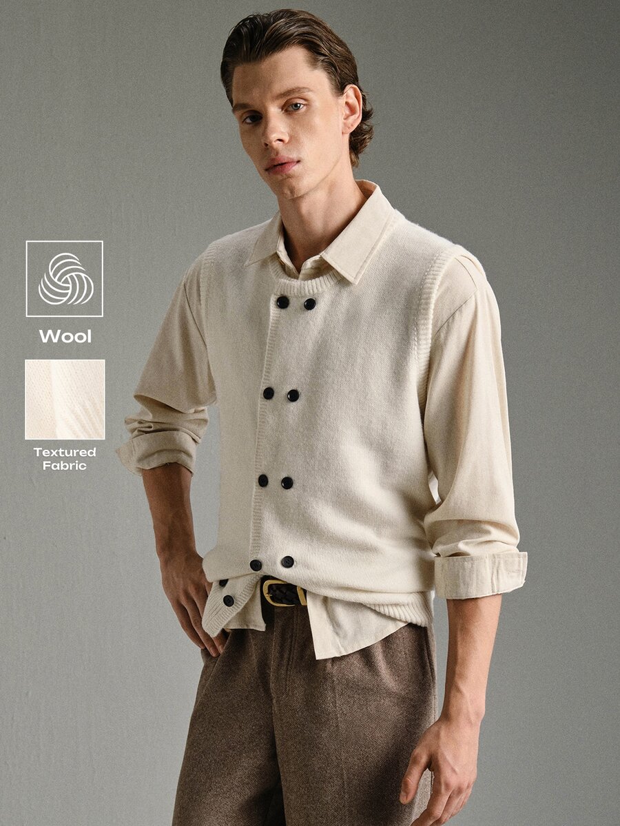 Calmiston Men Double Breasted Sweater Vest Old Money Formal - White - View 1