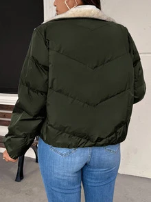 SHEIN Frenchy 大尺碼女款保暖內裡拉鍊口袋長袖加厚外套 冬季 - 軍綠色 - 查看 10