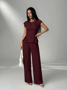 SHEIN PETITE 女款收腰百褶襯衫與寬腿褲兩件套 - 酒紅色 - 查看 4