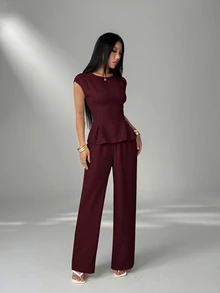 SHEIN PETITE 女款收腰百褶襯衫與寬腿褲兩件套 - 酒紅色 - 查看 5