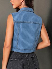 SHEIN Essnce 女款單排扣無袖條紋時尚百搭牛仔夾克 - 中等水洗藍 - 查看 2