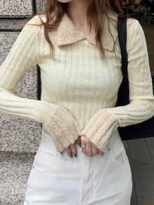 FRIFUL Women's Cream Casual French Cute Everyday Long-Sleeved Sweater Everyday Fall Brunch Date Work Winter - Apricot - View 5