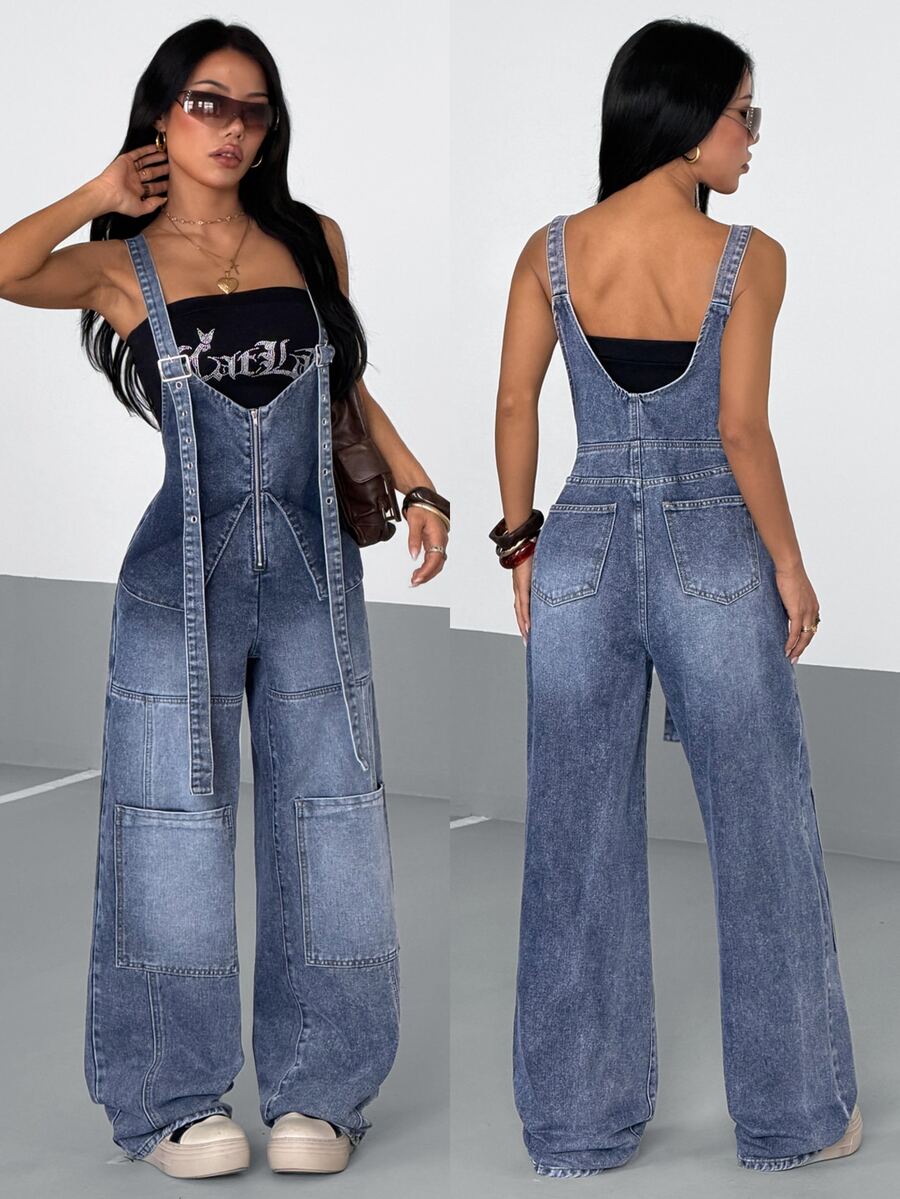 StreetHx Women's Slim High Waist Pocket Zipper Casual Denim Overalls - Blue - View 1