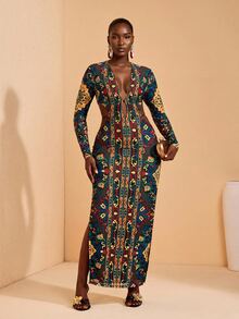 JIAN LASALA All-Over Print Mesh Deep V Side Cutouts Long Sleeve Women Boho Plus Size Dress Vacation Holiday Fall - Multicolor - View 1