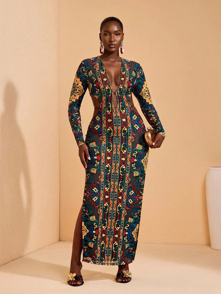 JIAN LASALA All-Over Print Mesh Deep V Side Cutouts Long Sleeve Women Boho Plus Size Dress Vacation Holiday Fall - Multicolor - View 1