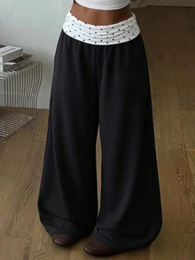 SHEIN 青少年女孩時尚休閒街頭風日常拼接撞色直筒長褲 - 黑色 - 查看 1