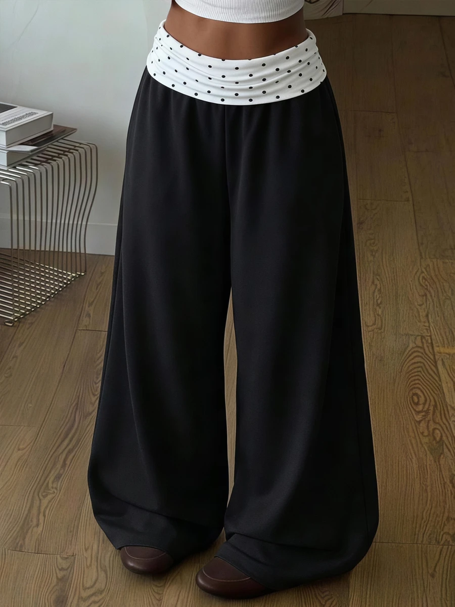 SHEIN 青少年女孩時尚休閒街頭風日常拼接撞色直筒長褲 - 黑色 - 查看 1
