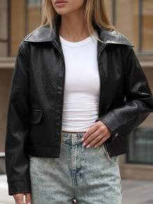 DAZY Fashion Versatile Faux PU Leather Short Motorcycle Jacket Women Loose Casual Zipper Outerwear - Black - View 6