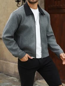 Manfinity Homme Men's Contrast Color Lapel Wool Jacket, Mature Casual Zipper Short Overcoat, Suitable For Halloween, Christmas, New Year, Gifts - Grey - View 3