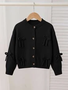 SHEIN 女童小女孩休閒日常時尚秋冬蝴蝶結針織上衣，長袖開襟衫返校毛衣 - 黑色 - 查看 6