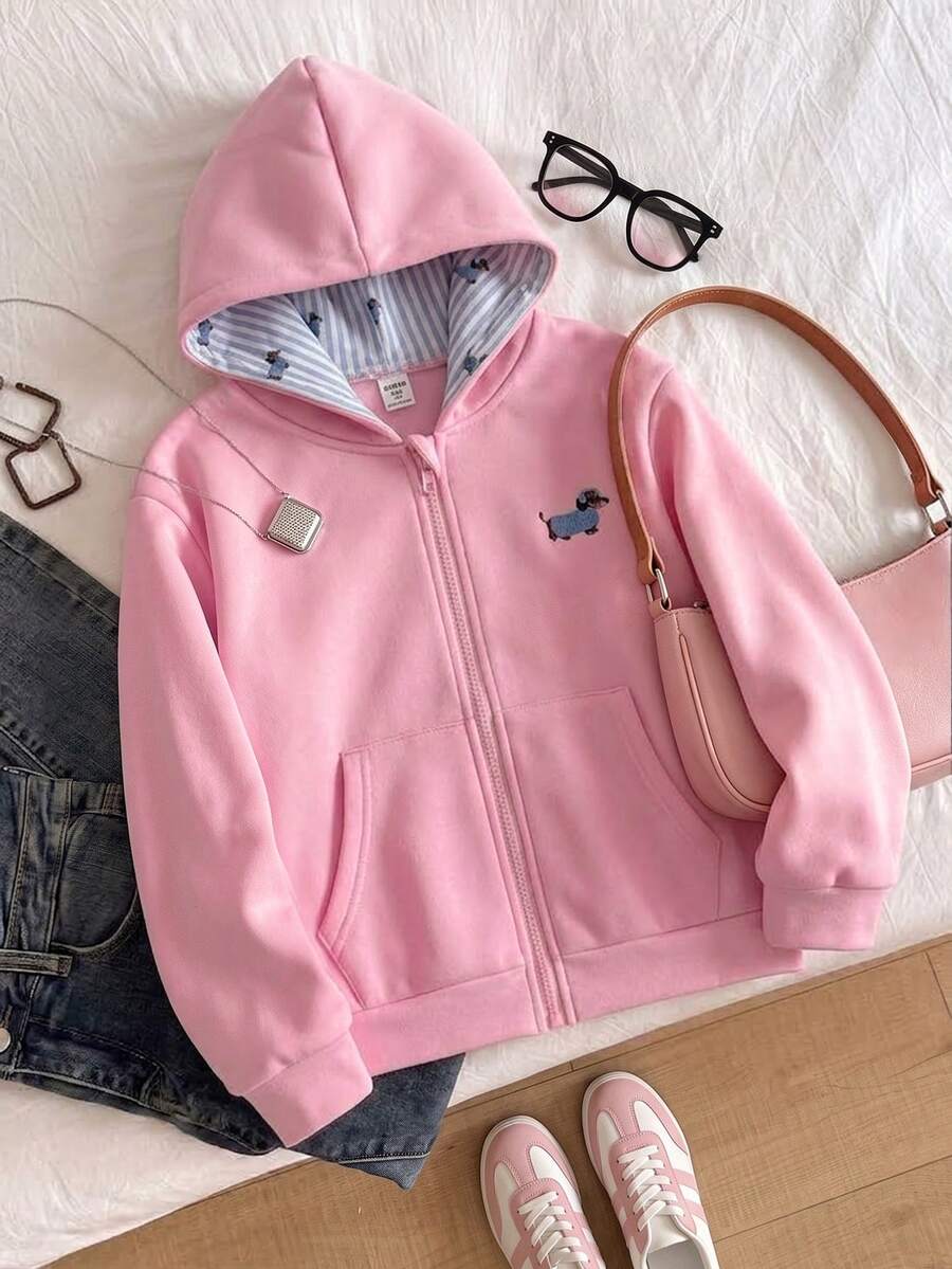SHEIN Sparklyn 青少年女孩純色蝴蝶結裝飾袖子抓絨內裡運動衫外套返校風格 - 粉色 - 查看 1