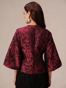 BELROSIE 女款前開鈕扣燈籠袖修身西裝外套，酒紅色，適合聖誕晚餐、職場、秋季，優雅風格 - 彩色 - 查看 6