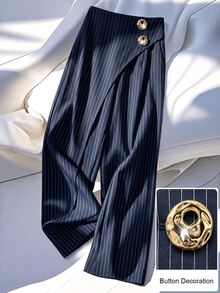 Modelyn Commuter Elegant Striped Criss-Cross Design Metal Button Decor Wide Leg Long Pants - Navy Blue - View 3