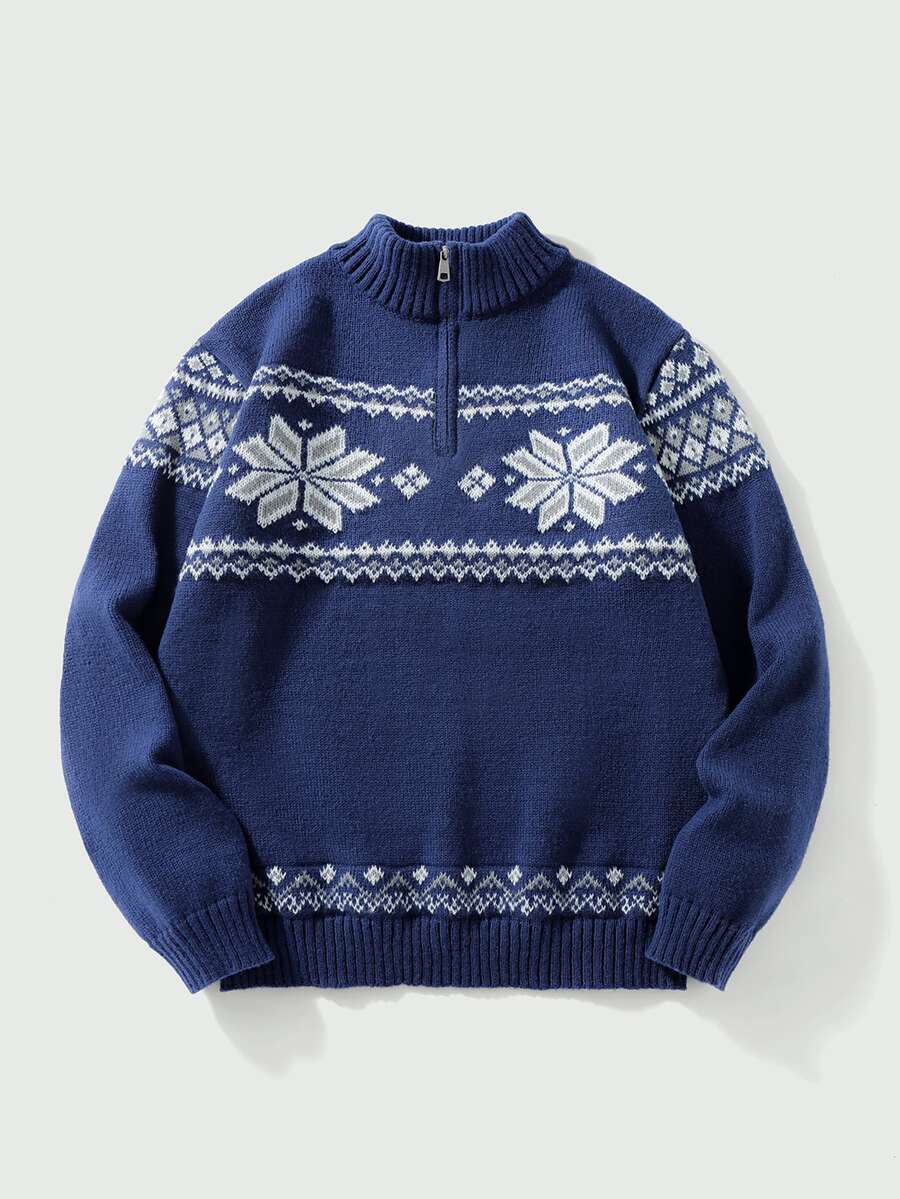 Manfinity CasualKnits 男士雪花圖案休閒日常長袖針織衫 - 藏蓝色 - 查看 1