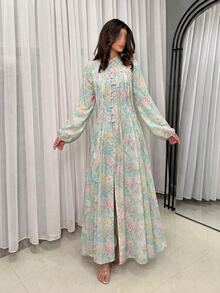 Yasmyna Women's Floral Print Button Loose Casual Elegant Maxi Dress - Green - View 7