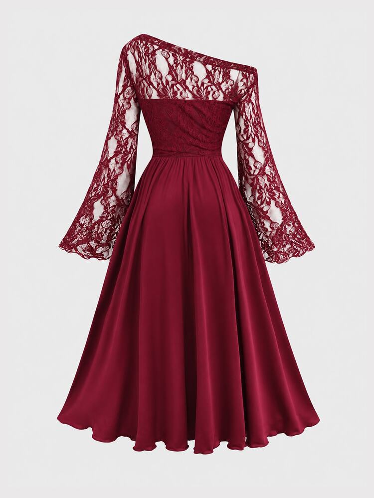 Teen Girl Teen Girls Dark Red Asymmetric Neck Lace Patchwork Bell Sleeve Midi Dress Party Autumn Casual Elegant. Halloween Lace Dress - Burgundy - View 3