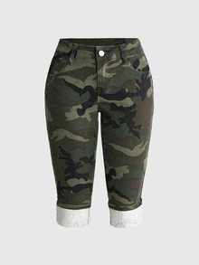 ROMWE Summer Y2K Hot Girl All-Match Versatile Retro Ultra Low Waist Denim Skinny Mid-Length Shorts - Army Green - View 1
