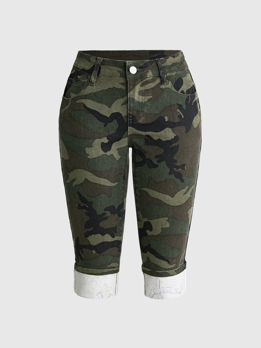 ROMWE Summer Y2K Hot Girl All-Match Versatile Retro Ultra Low Waist Denim Skinny Mid-Length Shorts - Army Green - View 1