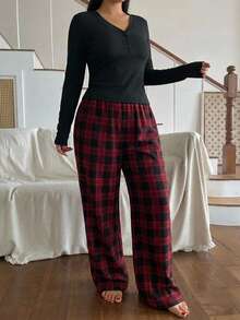 Dazy Plus Minimalist Casual Solid Color Top & Plaid Pants 2pcs Set Home Wear Spring Autumn New Pajama Outfit - Black - View 2
