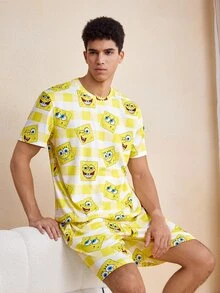 SpongeBob SquarePants | SHEIN Men's Cartoon Print Short Sleeve Top And Shorts Casual Daily Home Wear Set - Yellow - View 5