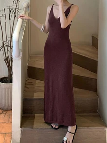 Livesso Petite Women's Solid Color Casual Everyday Summer Knit Dress - Brown - View 5