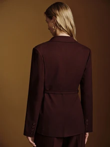 Anewsta Essential Anewsta Elegant Women's Metal Chain Decor Waist Belt Adjustable Silhouette Commuter Blazer Jacket - Burgundy - View 2