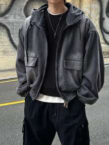 DAZY Spring/Autumn Round Neck Black Ribbed Heavyweight Loose Fit Men's Pullover Sweatshirt - Black - View 3