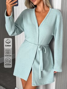 SHEIN رداء نسائي منسوج بنسيج وافل مفتوح من الأمام بأكمام طويلة مع حزام، رداء نوم خفيف وناعم وكاجوال للاسترخاء - ازرق نعناع - مشاهدة 5