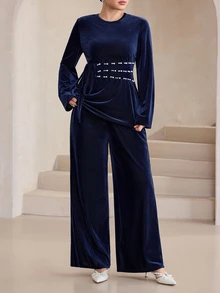 Graceveil Navy Blue Ribbed Velvet Crew Neck Long Sleeve Top & Pearl Waistband Wide Leg Pants Two Pieces Set - Royal Blue - View 7