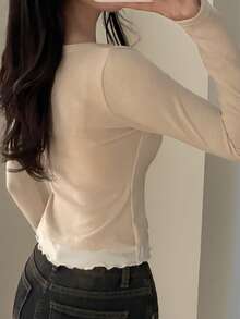 DAZY Patchwork Contrast Color Faux Two Pieces Fitted Long Sleeve Ruched Tie Casual Vacation Korean Style Girl Spring Autumn Women T-Shirt - Apricot - View 8