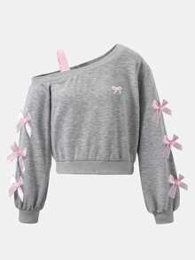 SHEIN 青少年女孩灰色不對稱肩領蝴蝶結裝飾時尚可愛衛衣 - 灰色 - 查看 1