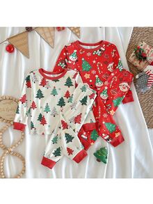 Loomiva Baby Boy Snug Fit Pajama Set, Christmas Pattern Christmas Tree Santa Claus Gingerbread Man Red Color Scheme Crew Neck Long Sleeve Pullover Top & Fitted Pants 2-Piece Set - Grey - View 7