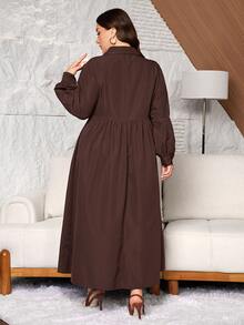 Al Najma Women's Shirt Collar Long Sleeve Ruched Waist Layered Versatile Spring Autumn Solid Color Plus Size Arabian Dress - Coffee Brown - View 2