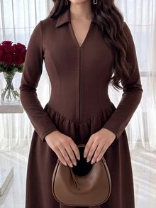 Feyla Women's Solid Color Elegant Daily Business Commute V-Neck Midi Dress - Brown - View 6