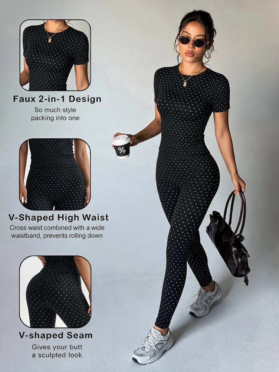 SHEIN Dewbera Women's Polka Dot Print Round Neck Short Sleeve Top & Long Pants Sports Set - Black - View 1
