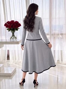 Feyla Women's Korean Style Button Long Sleeve Jacket & Striped Colorblock Midi Skirt 2pcs Set - Grey - View 2