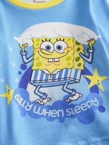 SpongeBob SquarePants | SHEIN Baby Boy Cartoon Print Long Sleeve Top And Leggings Loungewear Set - Blue - View 4