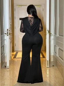 NU&NOW Plus Size Women's Lace Patchwork Bell Sleeve Jumpsuit With Deep V Lace Neckline, Suitable For Casual, Party, Evening, And Other Occasions To Showcase Charm - Black - View 2