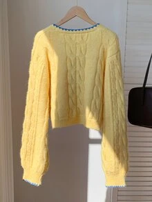 Comfortcana Fall Winter Coquette Style Cardigan For Date Night Featuring Blue Bows And Cable Knit In Yellow Cont - Yellow - View 2