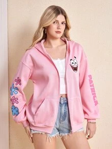 SpongeBob SquarePants | SHEIN Women's Cartoon Pattern Print Zip-Up Sweatshirt With Pockets - Baby Pink - View 4