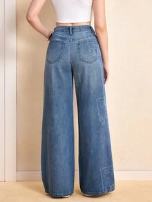 SpongeBob SquarePants | SHEIN Women's Casual Daily Denim Jeans With Pocket, Button And Cartoon Pattern - Blue - View 2