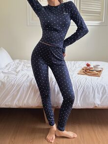 DAZY Women's Polka Dot Long Sleeve Top And Pants Casual Daily Home Pajama Set - Navy Blue - View 7