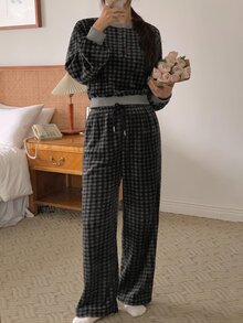 DAZY Women's Plaid Long Sleeve Top And Pants Casual Daily Home Pajama Set - Blue - View 12