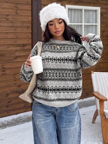 SHEIN EZwear 女款休閒舒適圓領淺灰色與黑色拼接長袖針織衫，秋冬款 - 灰色 - 查看 4